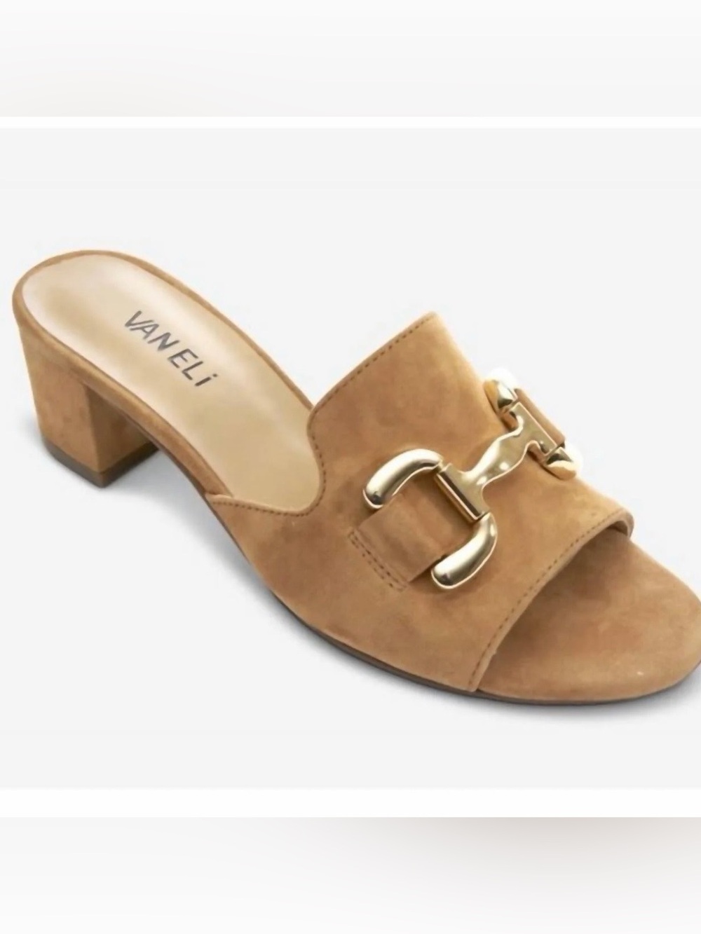 Vaneli Camel Suede Open-Toe Block Heel with Gold Hardware 8N